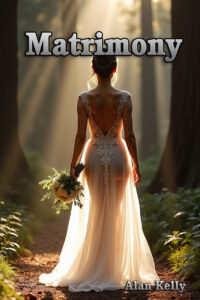 Cover of the Matrimony novel. A bride wearing a sheer wedding gown is getting married in a redwood forest.